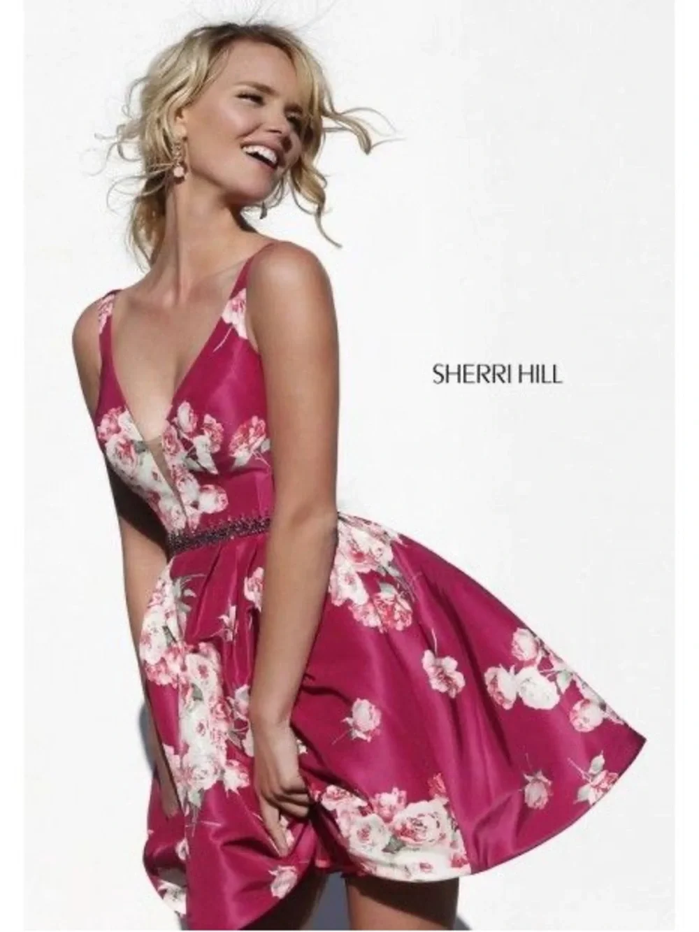 Sherri Hill Magenta Floral Plunge Satin Party Dress - Picture 2 of 12